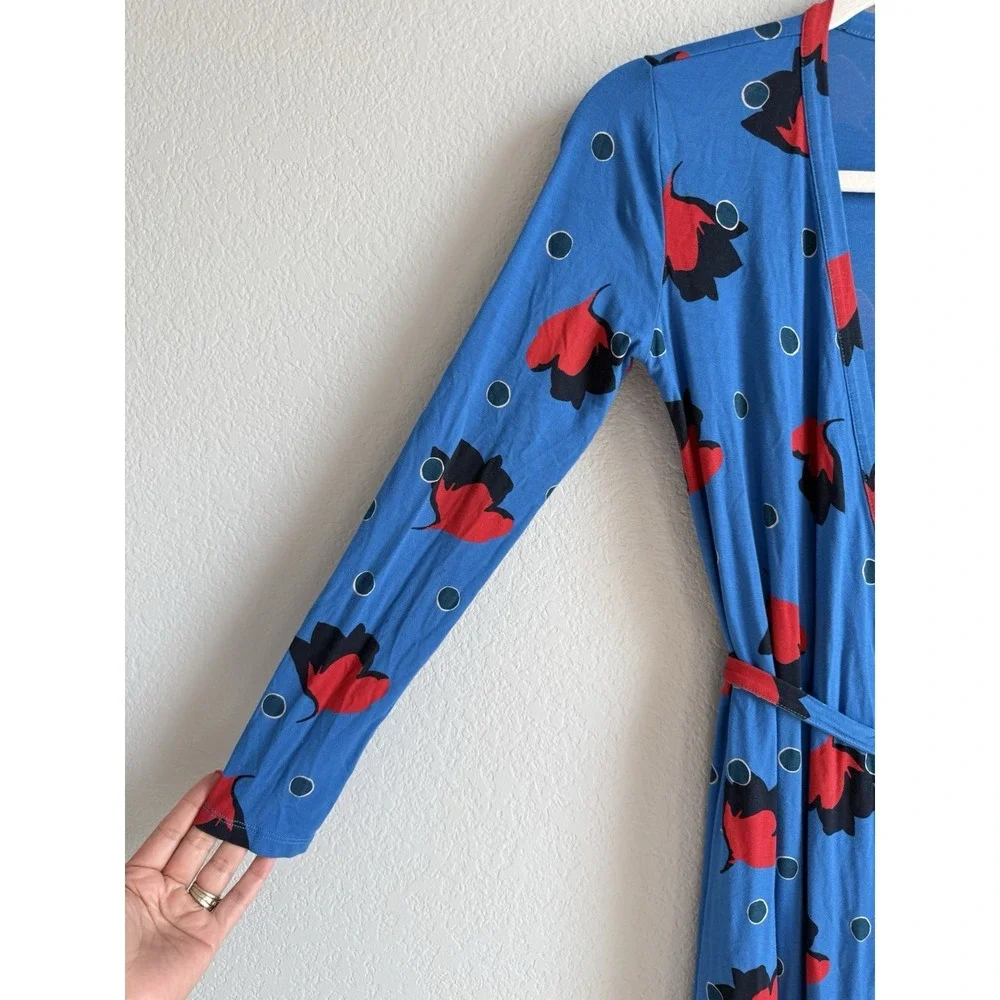 Boden Retro‎ Blue Red Poppy Bloom Floral Jersey Knit Wrap Dress Size 4P Preppy